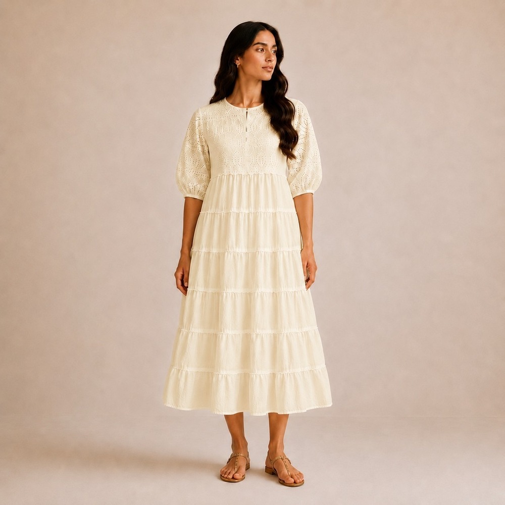 Maria.B. Pakistani Designer Cream Eyelet Tiered Midi Dress Boho‎ Women's Small